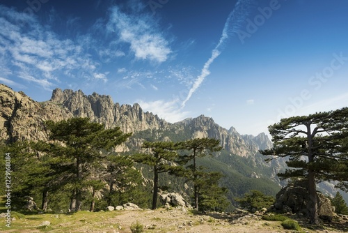 Mountain massif with rocky peaks and pines, Col de Bavella, Bavella massif, Corsica, France, Europe photo