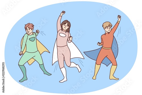 Happy children in superheroes costumer playing together outside. Smiling kids in hero suits enjoy masquerade or carnival. Childhood. Vector illustration