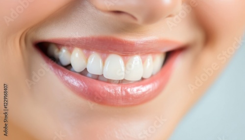 Close-up of a woman's smile with perfect white teeth.