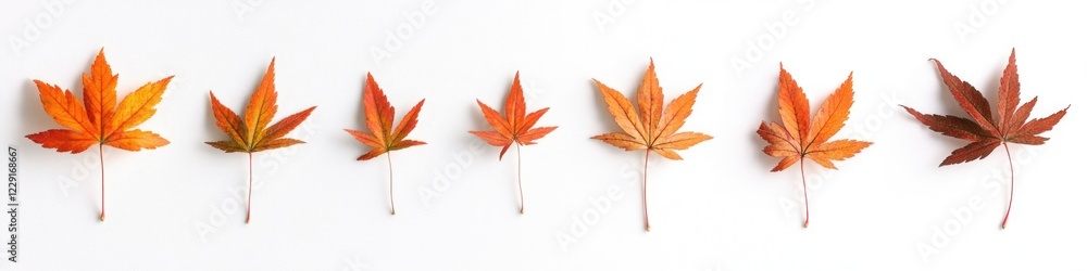 A collection of variously colored leaves arranged on a white background A collection of variously colored leaves arranged on a white background