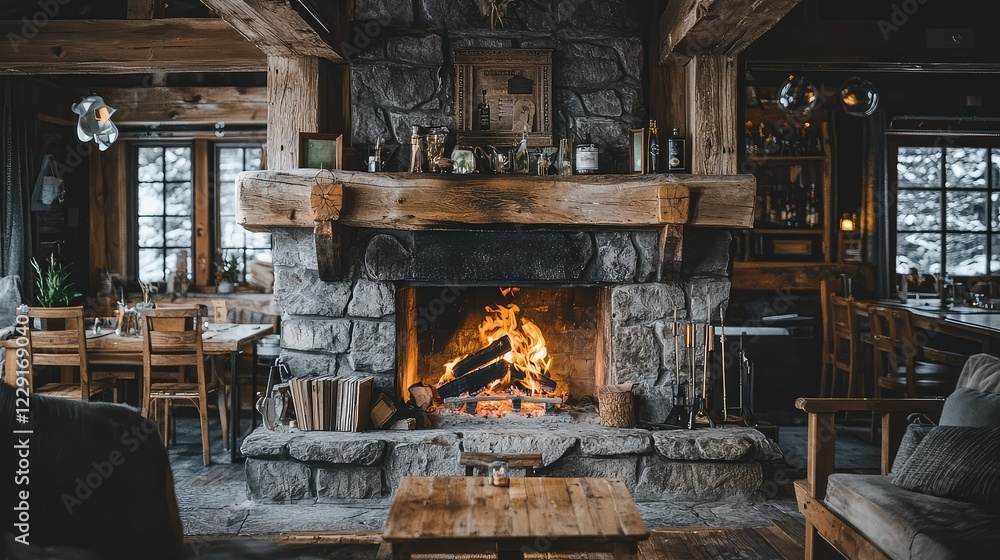 Cozy Rustic Cabin Interior with Stone Fireplace and Warm Ambiance Cozy Rustic Cabin Interior with Stone Fireplace and Warm Ambiance