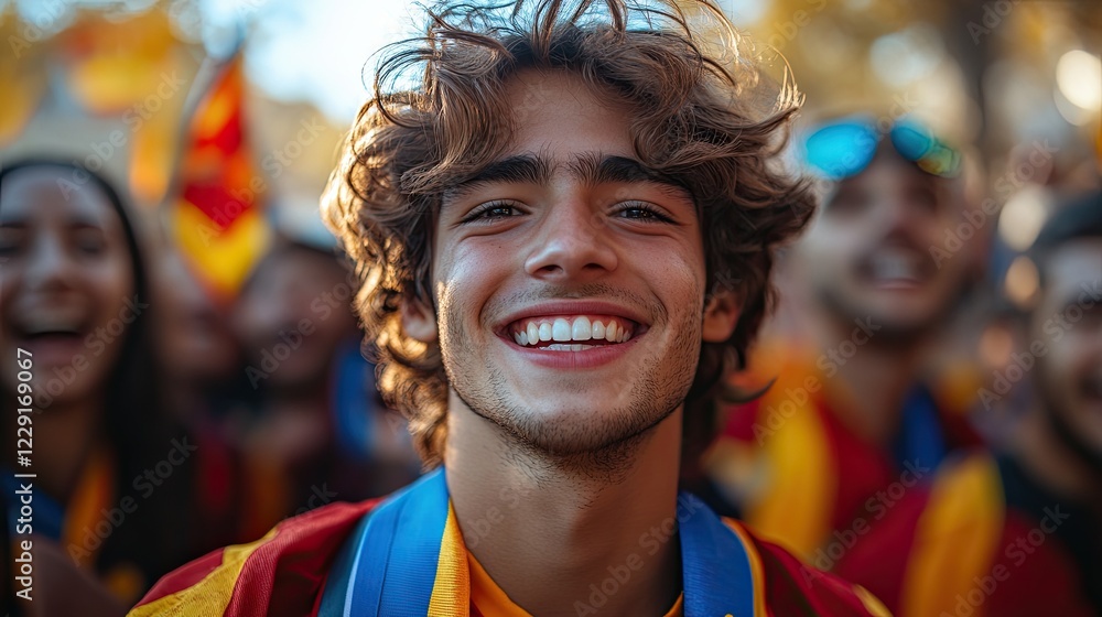 A young man smiles broadly, looking directly at the camera while standing in a crowd of people. A young man smiles broadly, looking directly at the camera while standing in a crowd of people.