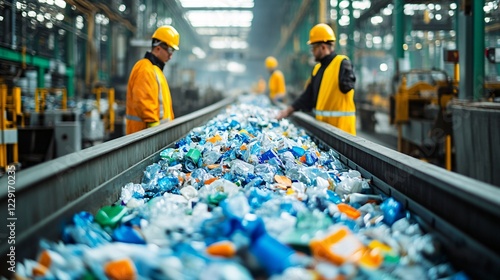 Wallpaper Mural Workers in a recycling plant oversee a conveyor belt sorting plastics, metals, and paper waste, emphasizing efficient processing and sustainability in waste management. Torontodigital.ca