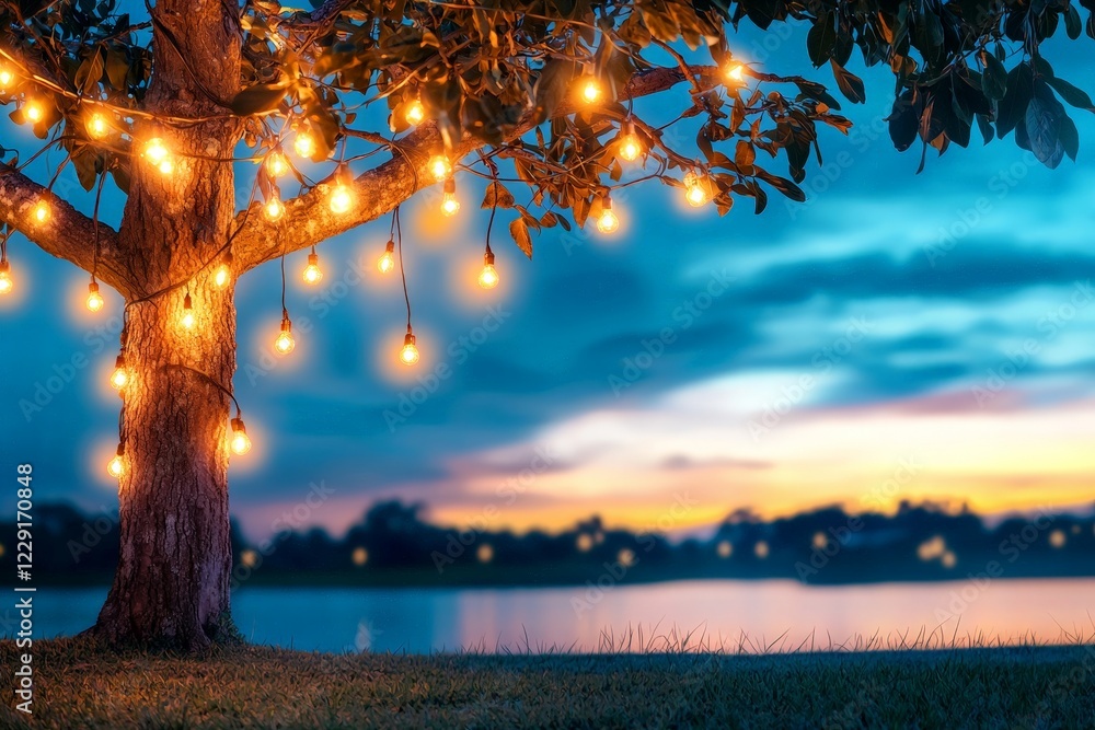 Fototapeta premium Dreamy Evening Scene with String Lights Wrapped Around a Tree