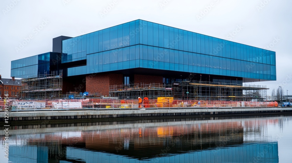 Modern architectural building under construction near water with scaffolding and worker visible Modern architectural building under construction near water with scaffolding and worker visible