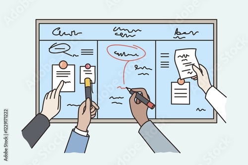 Diverse employees brainstorm at scrum board in office together. Colleagues coworkers engaged in creative thinking, make plan or schedule. Workflow scheme or strategy. Flat vector illustration