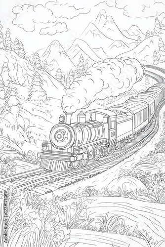 Wallpaper Mural Majestic Steam Train in Mountainous Landscape - Coloring Page . Children coloring page Torontodigital.ca