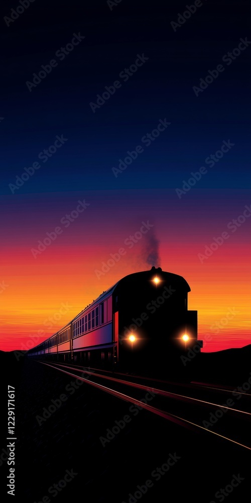 Obraz premium A vintage train silhouette glides through a vivid sunset, evoking nostalgia and the spirit of adventure.