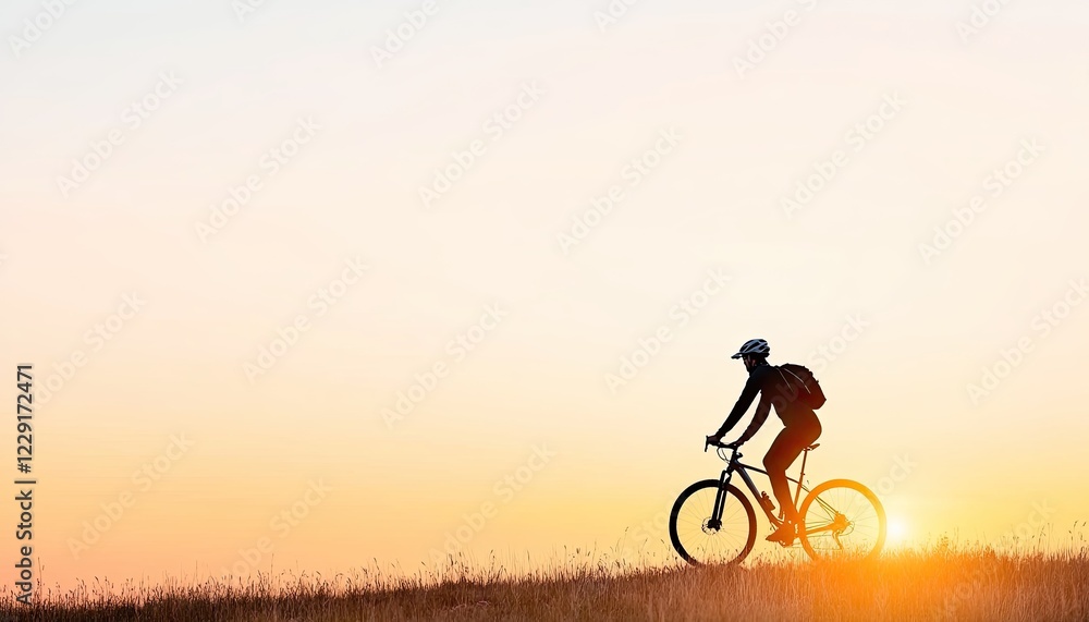Silhouette of a cyclist riding on a hill at sunset, with a peaceful landscape and glowing horizon in the background Silhouette of a cyclist riding on a hill at sunset, with a peaceful landscape and glowing horizon in the background