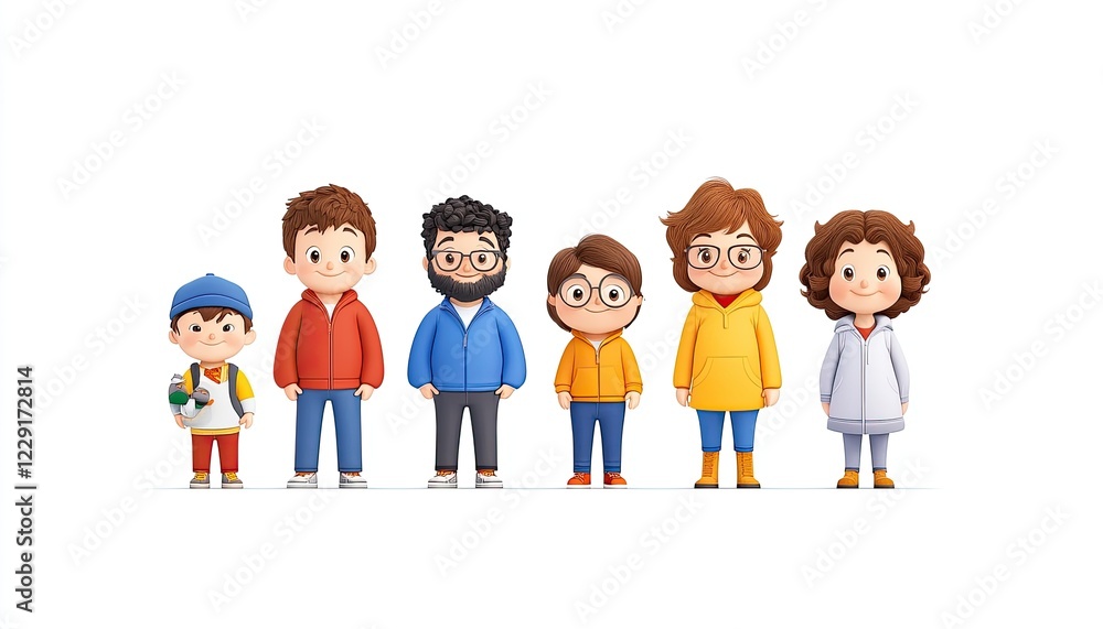 A diverse group of animated characters wearing colorful outfits, standing together against a plain background A diverse group of animated characters wearing colorful outfits, standing together against a plain background