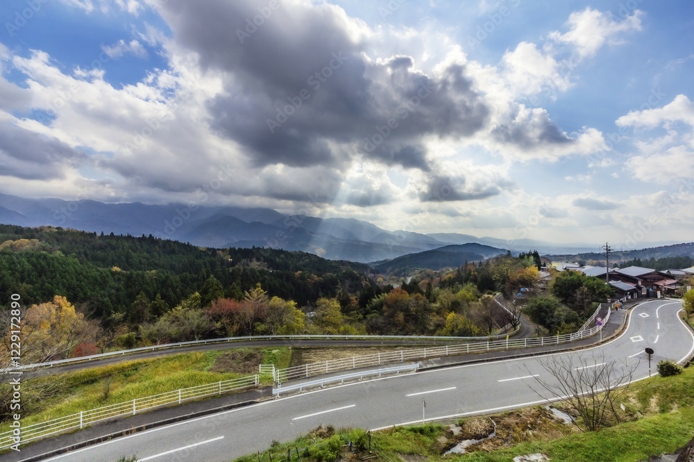 Road through hilly landscape, Magome, Kiso Valley, Japan, Asia Road through hilly landscape, Magome, Kiso Valley, Japan, Asia
