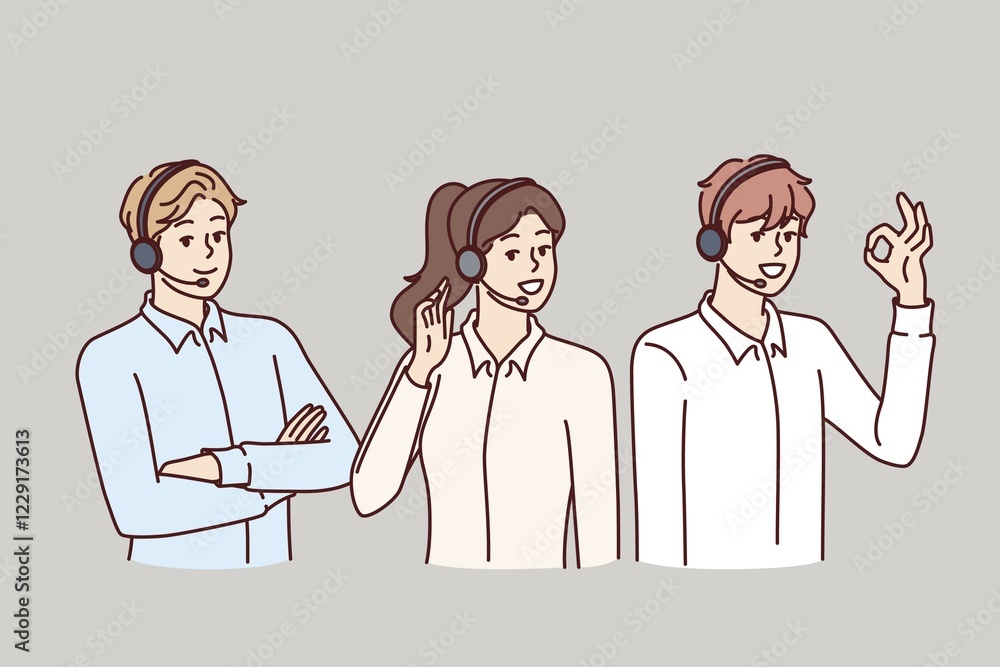 Call center or customer support employees use headset with microphone to make telephone sales. Two men and woman work in call center answering questions from clients asking for help Call center or customer support employees use headset with microphone to make telephone sales. Two men and woman work in call center answering questions from clients asking for help