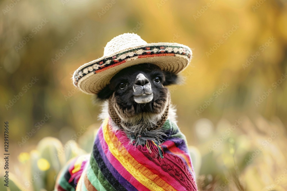 Cute alpaca wearing a large summer straw hat and colorful poncho. KI generiert, generiert, AI generated Cute alpaca wearing a large summer straw hat and colorful poncho. KI generiert, generiert, AI generated