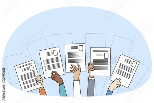 Diverse people hands raise up holding resume or CV offer candidacy at open position. Applicants or candidate apply for job. Employment and competition. Hiring and hr. Vector illustration