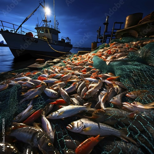 Commercial fishing net cascading onto the dock overflowing with caught shrimp fish and incidentally bycatch, AI generated, deep sea, fish, squid, bioluminescent, glowing, light, water, ocean photo