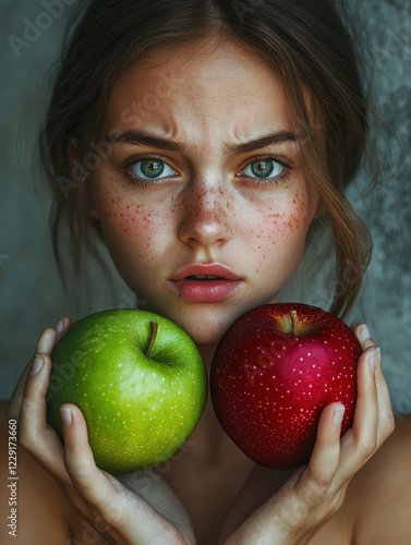 Closeup portrait confused, puzzled, unhappy, thoughtful young woman, girl, holding red, green apples, uncertain which one to chose. Human face expressions, emotion, reaction, attitude, life perceptio photo