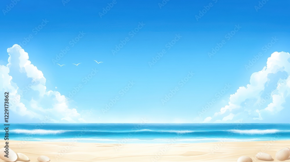 Obraz premium Serene coastal escape, a seagull soars above the tranquil beach and sparkling sea. perfect for relaxation travel destinations