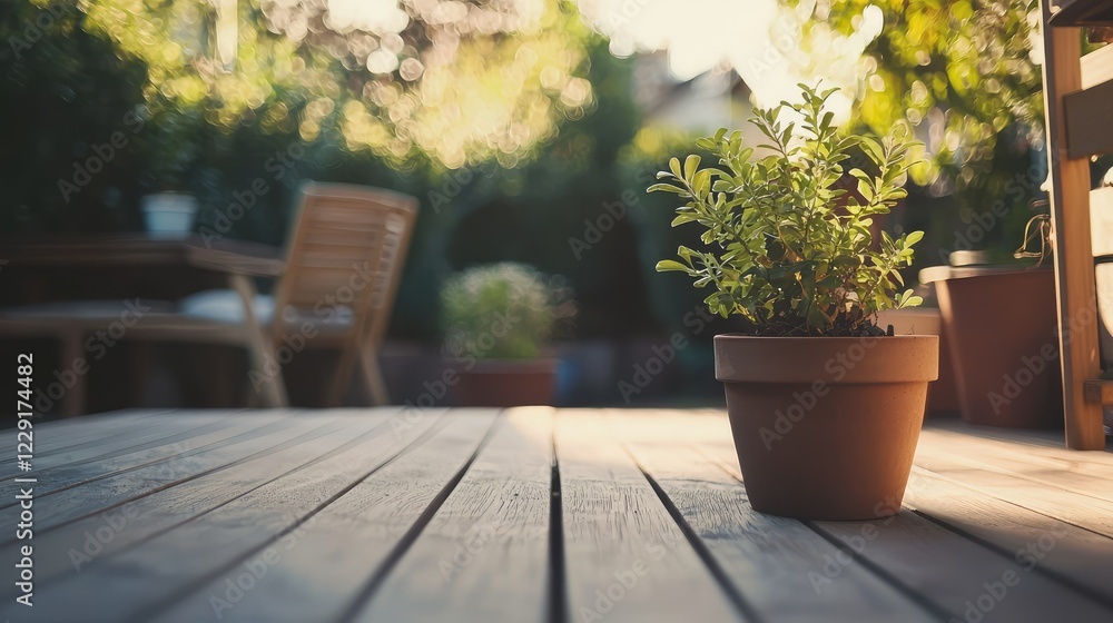 Fototapeta premium Potted Plant on Wooden Deck Surrounded by Lush Garden Atmosphere