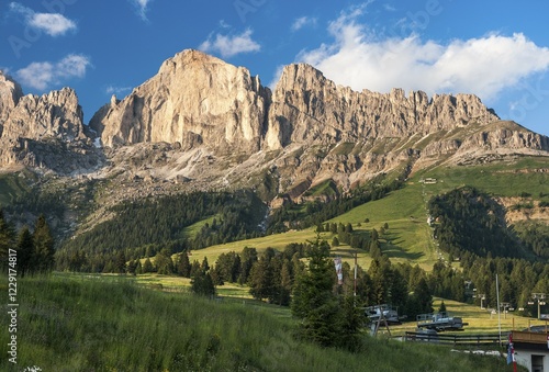 Rosengarten group, southern ridge with Mt Rotwand, Croda Rossa, 2806 m, cablecar station at Karerpass, Dolomites, South Tyrol, Trentino-Alto Adige, Italy, Europe photo