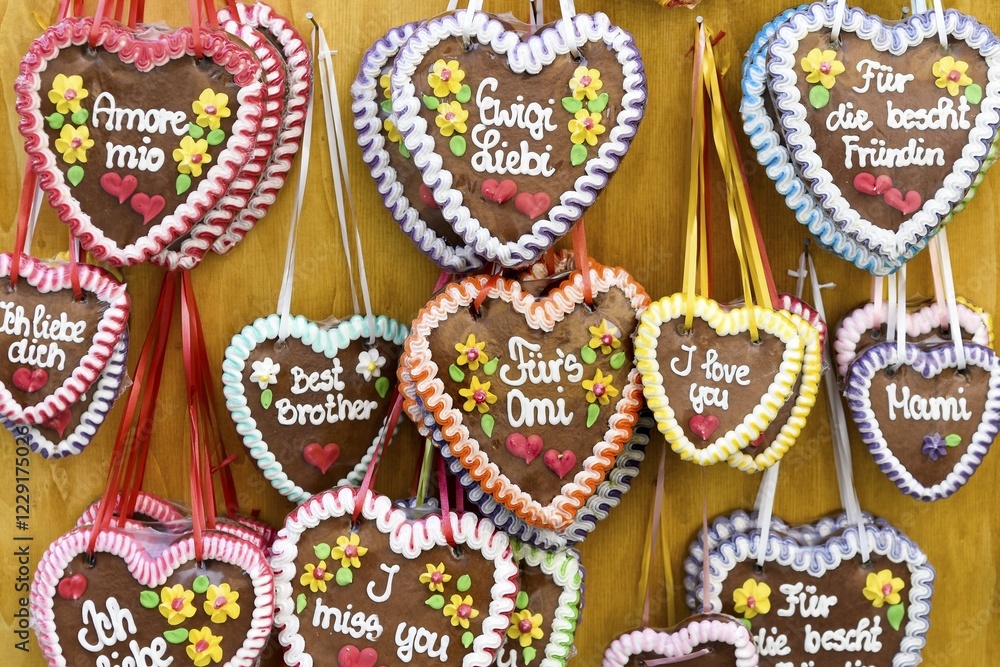 Fototapeta premium Gingerbread hearts with sayings, Switzerland, Europe