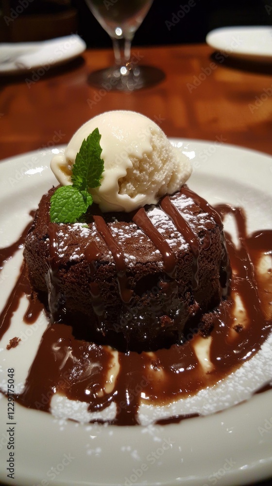 Rich and decadent chocolate lava cake sits invitingly on a plate, topped with a scoop of creamy vanilla ice cream and a drizzle of chocolate sauce Rich and decadent chocolate lava cake sits invitingly on a plate, topped with a scoop of creamy vanilla ice cream and a drizzle of chocolate sauce