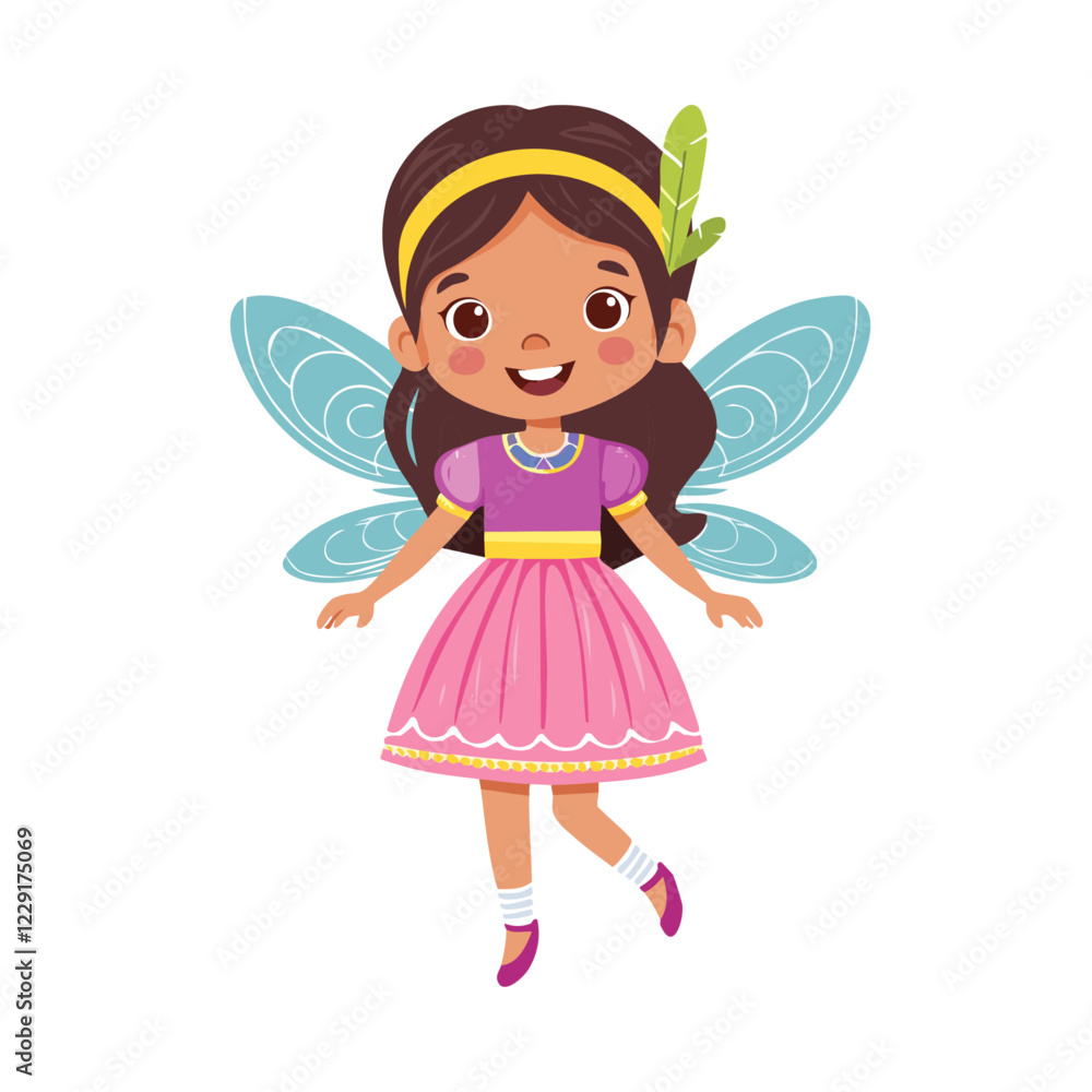 Cute fairy girl in pink dress and wings vector illustration. Image of charming child fairy tale character on isolated background. Cute fairy girl in pink dress and wings vector illustration. Image of charming child fairy tale character on isolated background.