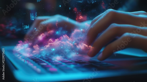 Close up of hands using laptop with abstract glowing cloud hologram screen on blurry background. Database, science and communication concept. Double exposure