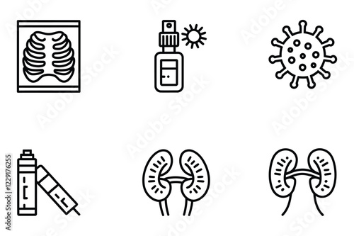 Medical and Healthcare Line Icons – X-ray, Nasal Spray, Bacteria, Asthma Inhaler, Bone Fracture, Kidneys