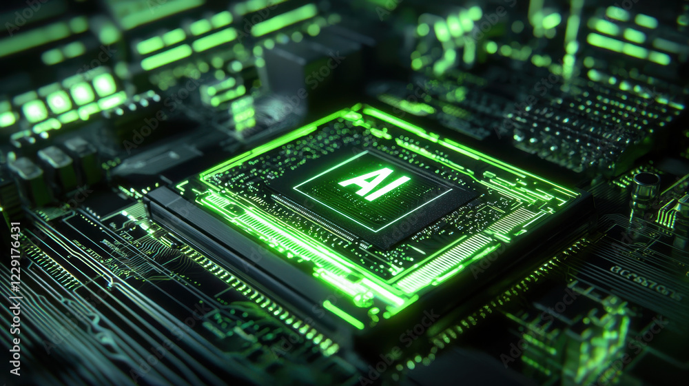 close up view of computer circuit board featuring glowing AI chip, symbolizing advanced technology and innovation. vibrant green lights enhance futuristic feel of image close up view of computer circuit board featuring glowing AI chip, symbolizing advanced technology and innovation. vibrant green lights enhance futuristic feel of image