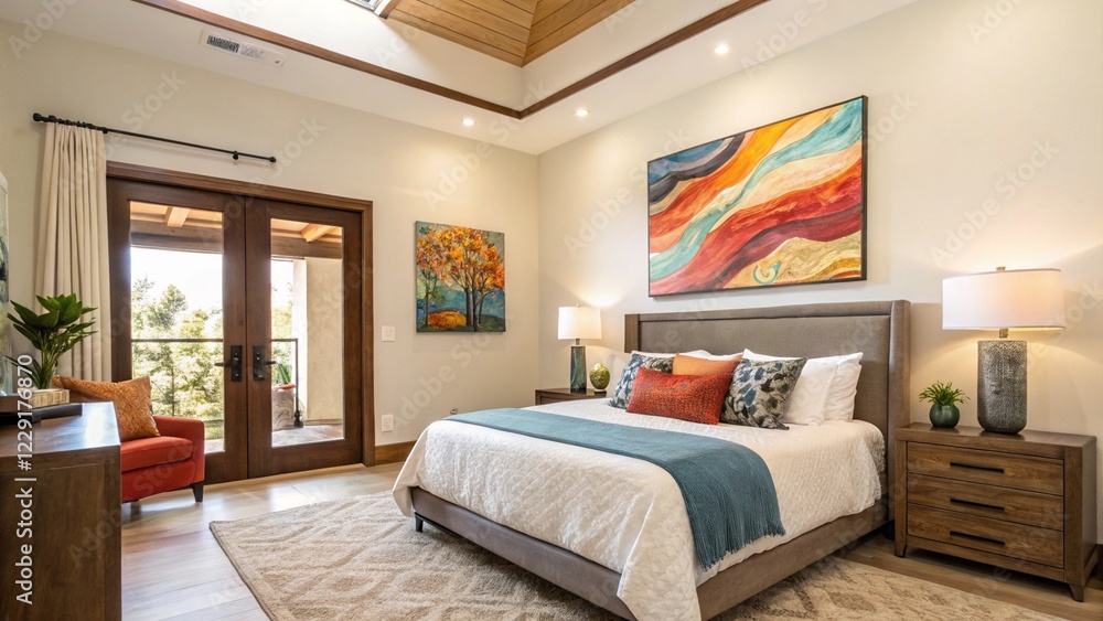 A modern and stylish bedroom features a large bed with colorful artwork above it. French doors lead to an outdoor space, complementing the room's warm tones. A modern and stylish bedroom features a large bed with colorful artwork above it. French doors lead to an outdoor space, complementing the room's warm tones.