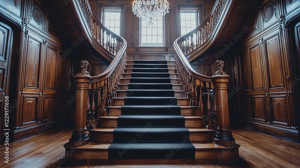 Obraz premium Grand wooden staircase in historic mansion. Interior design, luxury home, elegant background
