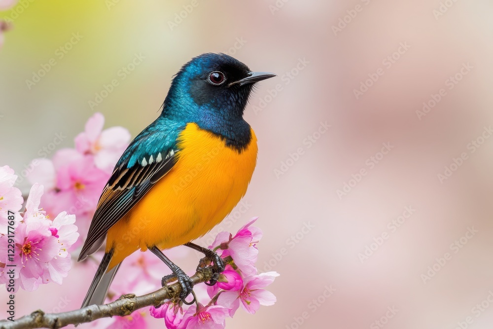 Fototapeta premium A vibrant bird perched on a blooming branch, showcasing bright colors and intricate feather patterns amid a soft, blurred background.