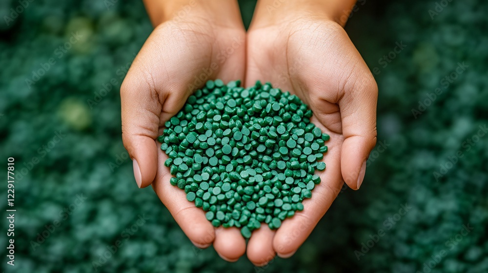 Hands gently holding a handful of green biodegradable plastic pellets, highlighting eco-friendly alternatives to traditional plastics for a sustainable future. Hands gently holding a handful of green biodegradable plastic pellets, highlighting eco-friendly alternatives to traditional plastics for a sustainable future.