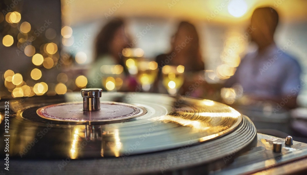 Obraz premium Intimate gathering with a turntable playing a vinyl record in ambient lighting, AI generated