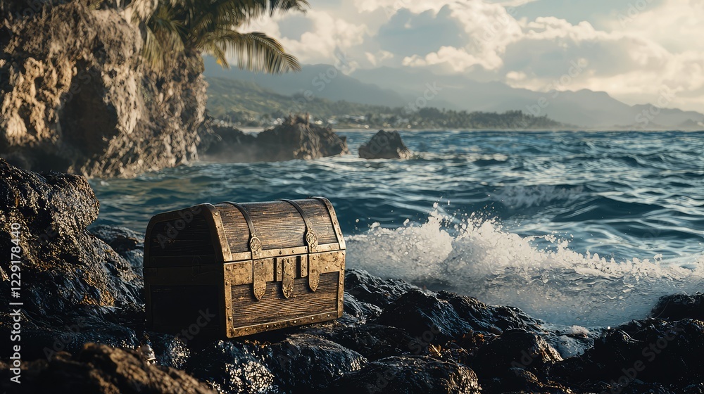 Fototapeta premium Treasure Chest on Rocky Shore with Ocean Waves and Scenic Mountains