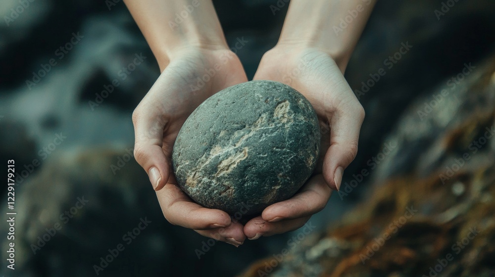 Hands holding a smooth rock in nature Hands holding a smooth rock in nature