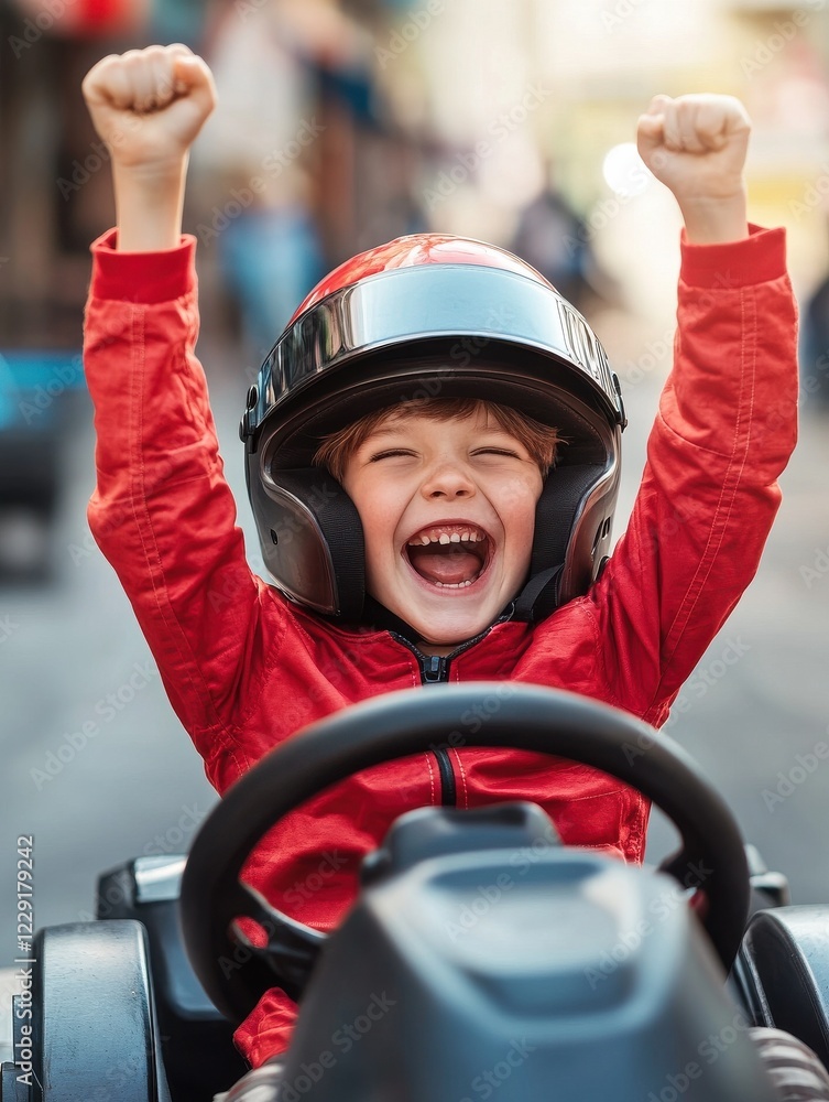 Naklejka premium Happy laughing boy raising hand in victory after riding gokart outdoor. KId having fun and driving toy race car on street. Child exult while riding an electric or peddle toy auto wearing pilot helmet