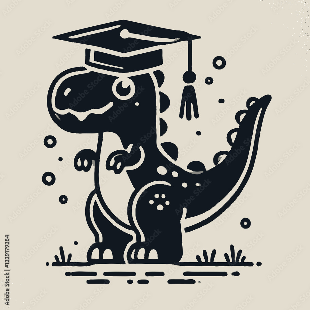 Obraz premium A playful illustration of a dinosaur wearing a graduation cap, symbolizing education and achievement in a fun, cartoonish style.