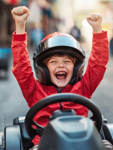 Happy laughing boy raising hand in victory after riding gokart outdoor. KId having fun and driving toy race car on street. Child exult while riding an electric or peddle toy auto wearing pilot helmet photo