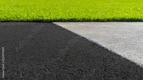 Wallpaper Mural close up view of black asphalt surface meeting green grass area, showcasing contrast between two textures. image evokes sense of nature and urban design Torontodigital.ca
