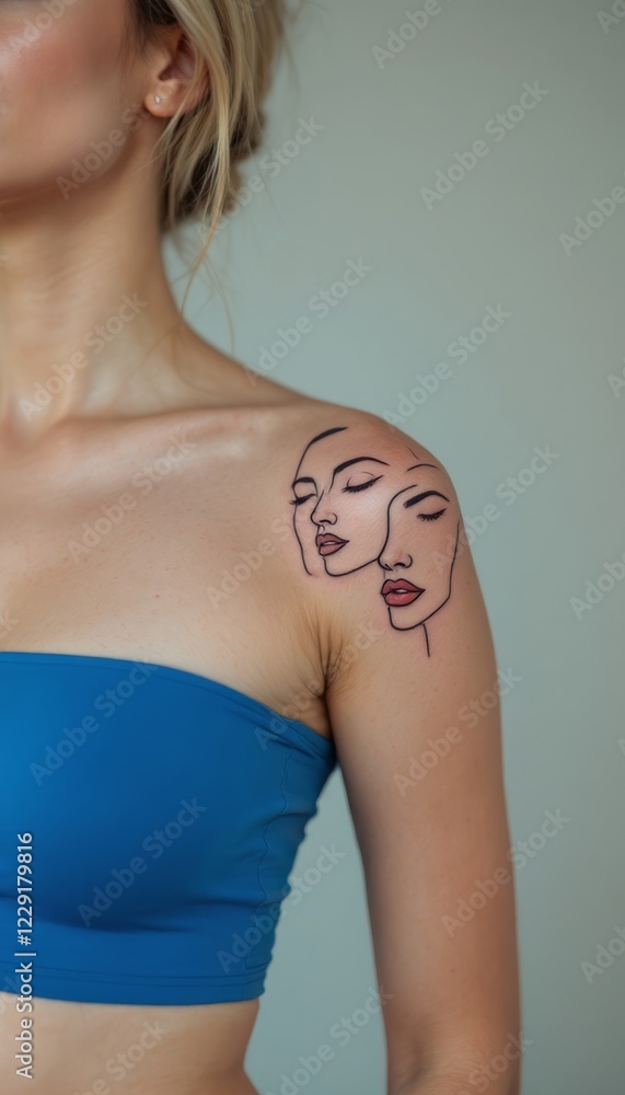 Dualistic feminine tattoo art adorns a woman's shoulder in minimalist style