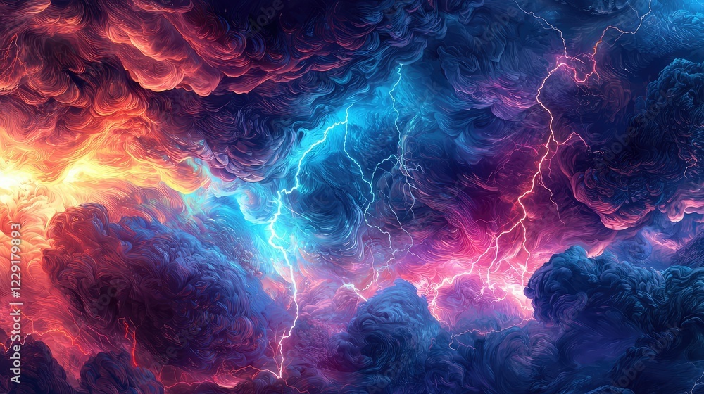 Obraz premium Dramatic Colorful Clouds with Lightning Strikes in Night Sky