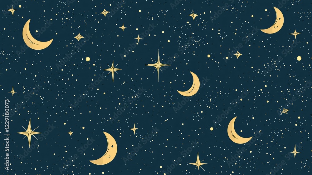Naklejka premium Whimsical Moon and Star Pattern Against Dark Blue Night Sky