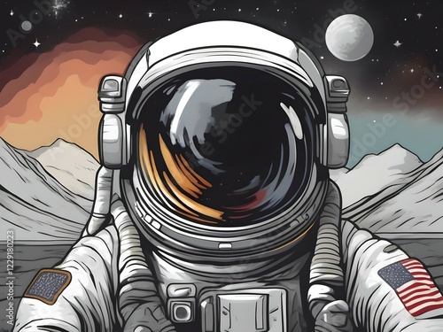 Wallpaper Mural Illustration, comic-style astronaut on the moon in front of a starry sky, space, space travel, portrait, view into the camera, AI generated, AI generated, AI generated Torontodigital.ca