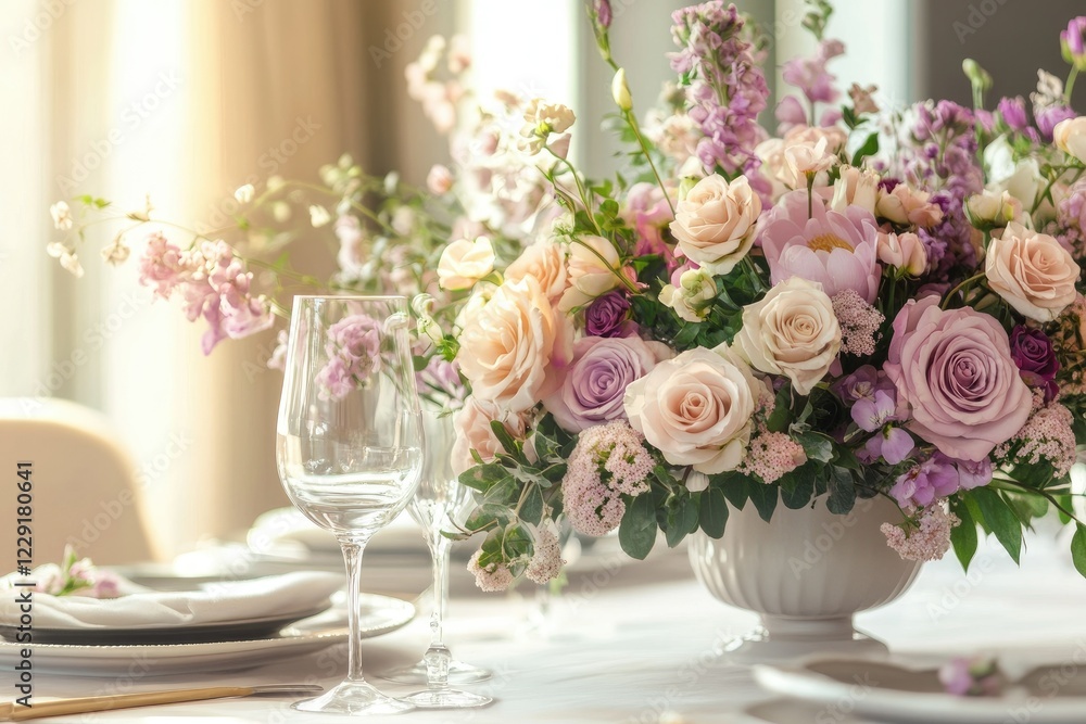 Vibrant Image of Arranged Romantic Flowers with Table Decor Vibrant Image of Arranged Romantic Flowers with Table Decor