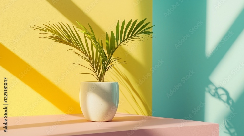 Tropical plant in a modern pot with soft lighting Tropical plant in a modern pot with soft lighting