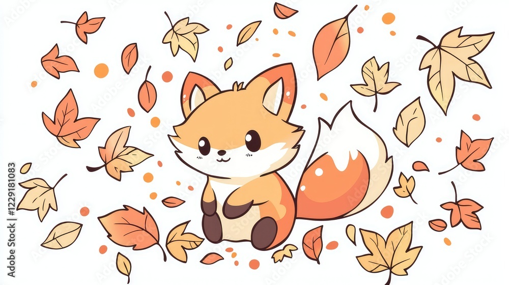Cute Cartoon Fox Surrounded by Colorful Autumn Leaves Illustration Cute Cartoon Fox Surrounded by Colorful Autumn Leaves Illustration