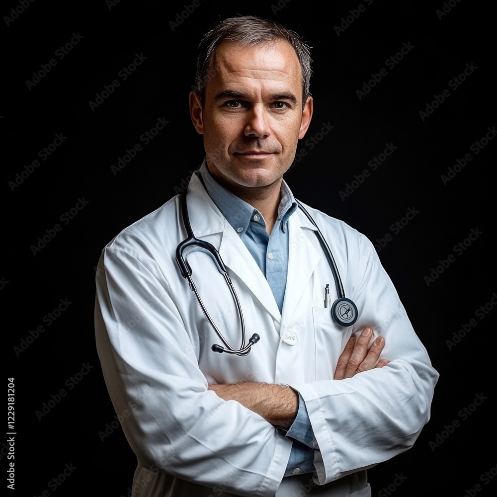 A person in a white lab coat wearing a stethoscope, suitable for medical or science illustrations A person in a white lab coat wearing a stethoscope, suitable for medical or science illustrations