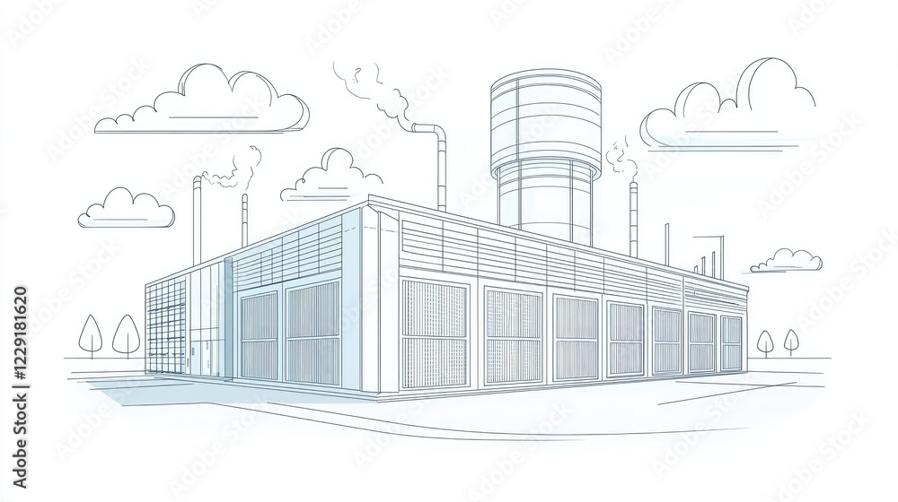 Obraz premium Industrial Factory Outline with Smokestacks and Cooling Tower Design