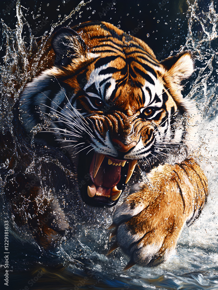 Obraz premium Majestic tiger charging through water with fierce expression and powerful stance captured in detail during an intense moment in the wild
